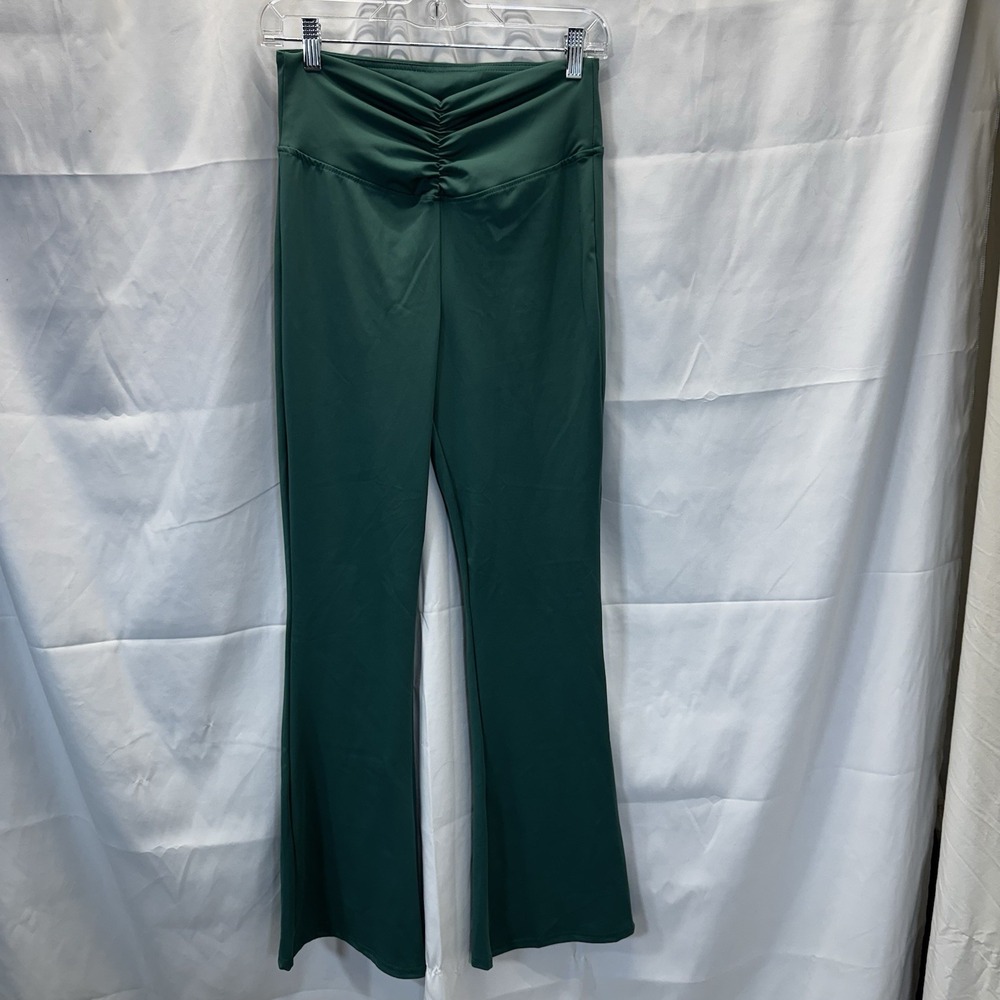 A New Day Green Ruched V-Front‎ High Rise Flare Pants Medium F00020937